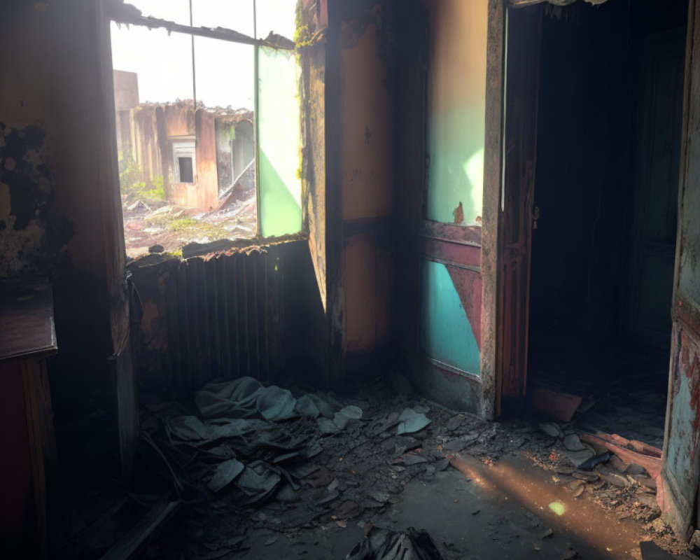 Abandoned room with peeling walls, debris, broken window, and open doorway