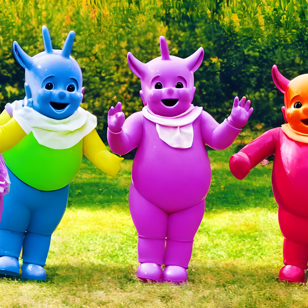 Colorful Teletubbies Characters Walking on Grass in Blurred Green Background