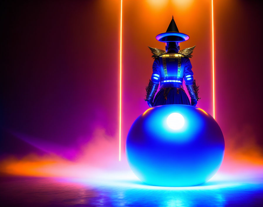 Samurai armor on glowing sphere with neon lights and purple haze