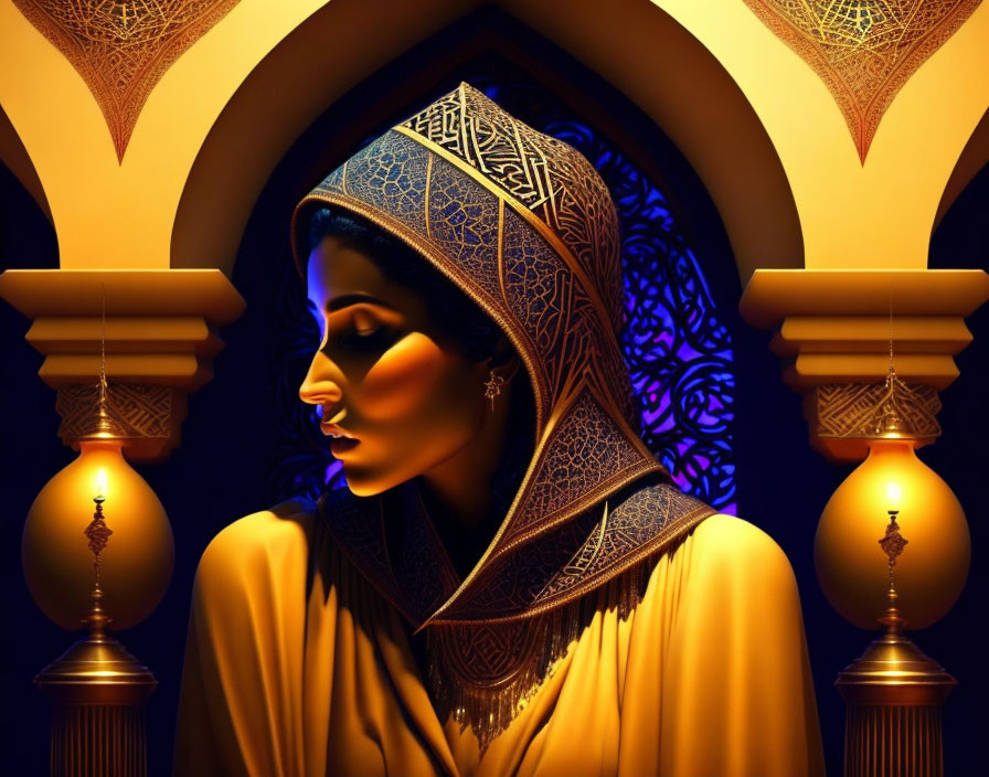 Golden hijab-clad woman in contemplation under warm lighting among arches and lanterns