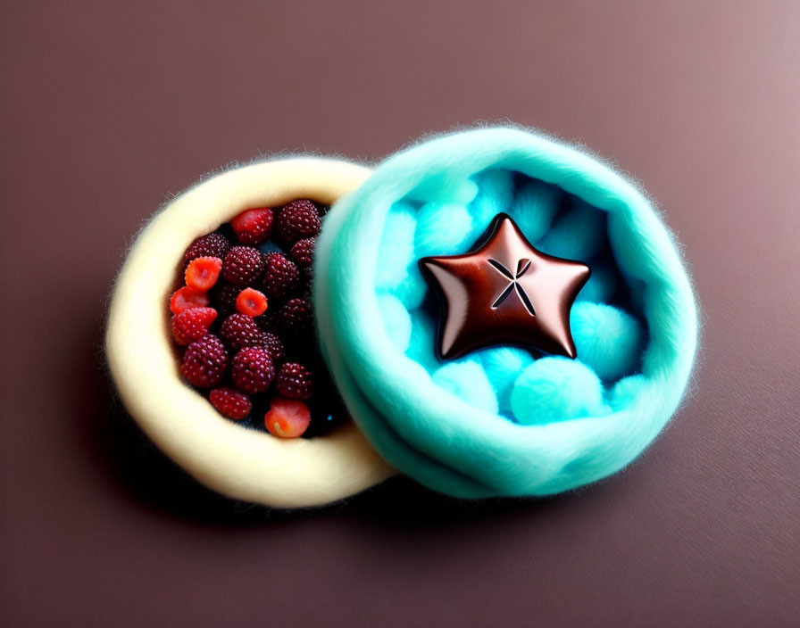 Clay models of open fruit and star shape on brown surface