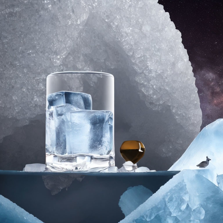 Glass with ice cubes on reflective surface and large ice formation under starry night sky