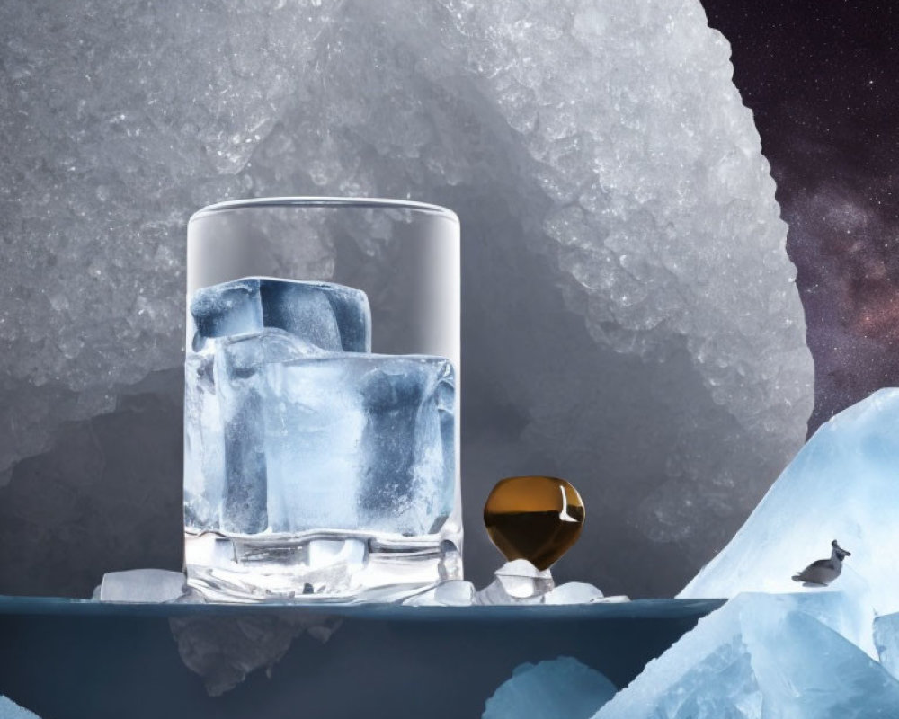 Glass with ice cubes on reflective surface and large ice formation under starry night sky