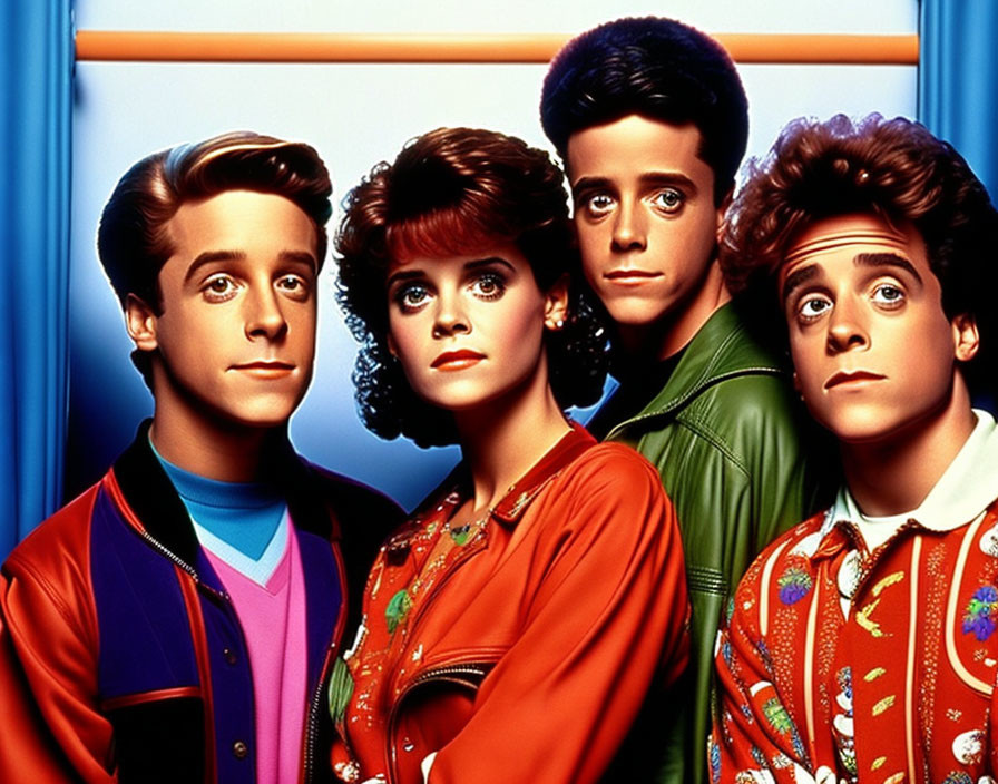 Four people in vibrant 1980s attire against blue backdrop