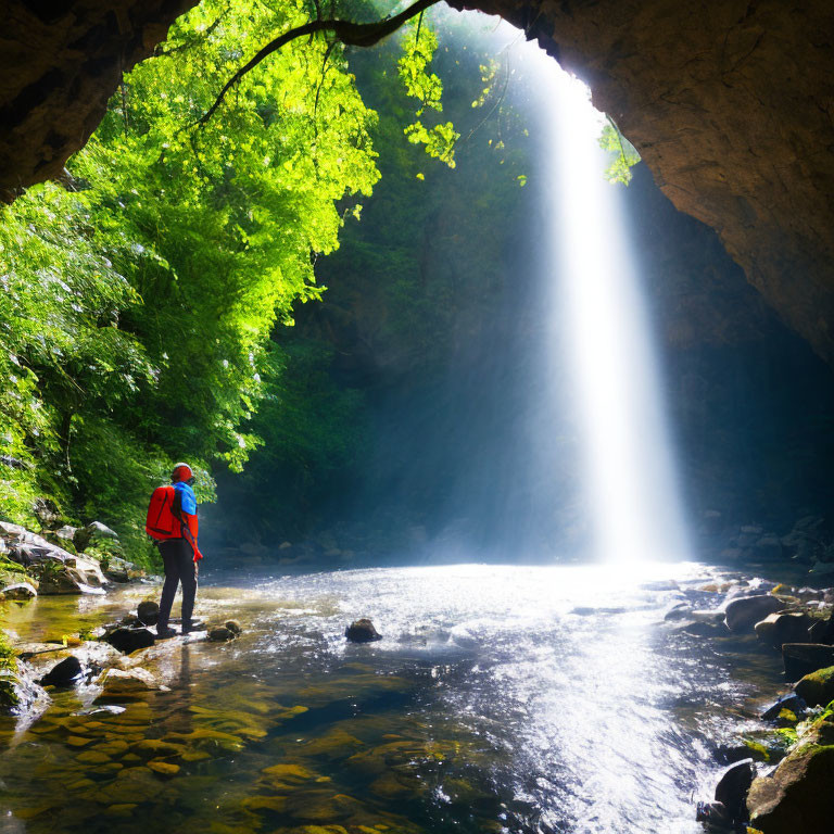 Person in Red Jacket Standing in Sunlit Water Stream Inside Cave with Majestic Waterfall