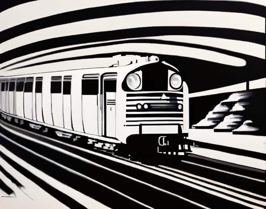 Monochrome train art with circular motion lines