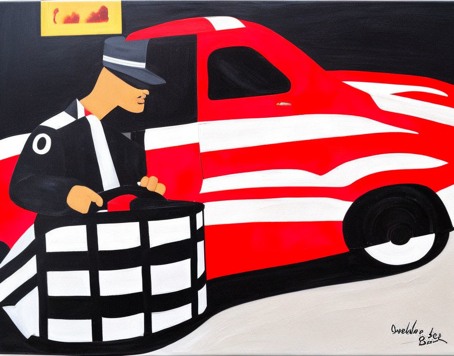 Monochrome painting of a person in blindfolds with a cap, next to a striped car.