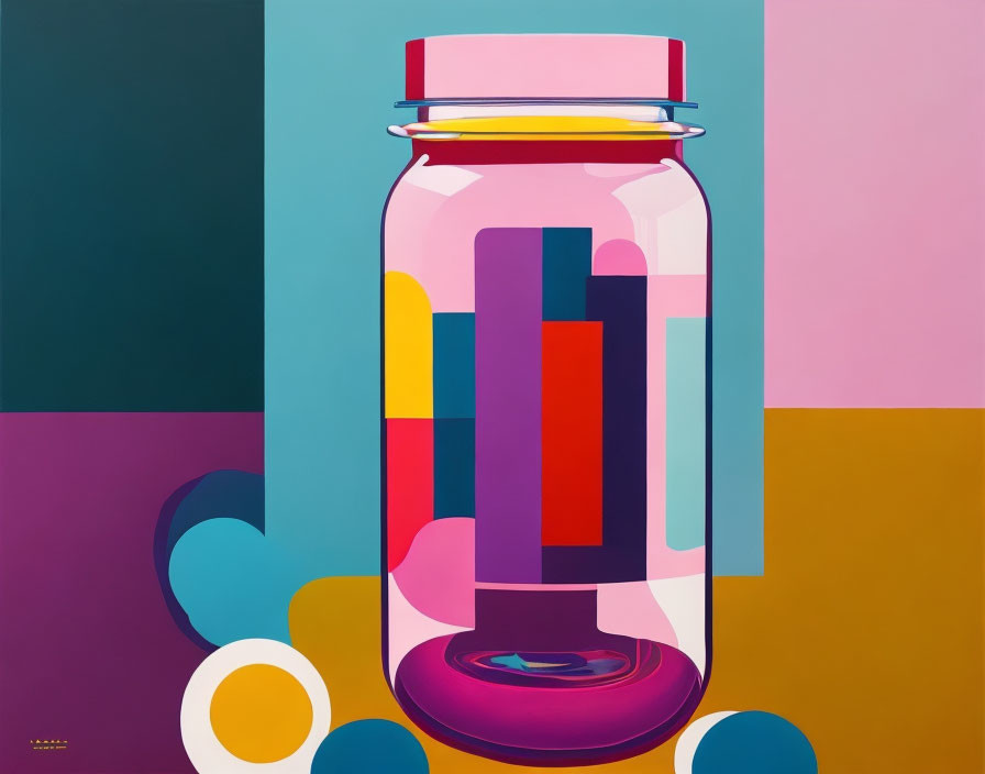 Colorful Glass Jar Artwork with Abstract Shapes on Geometric Background