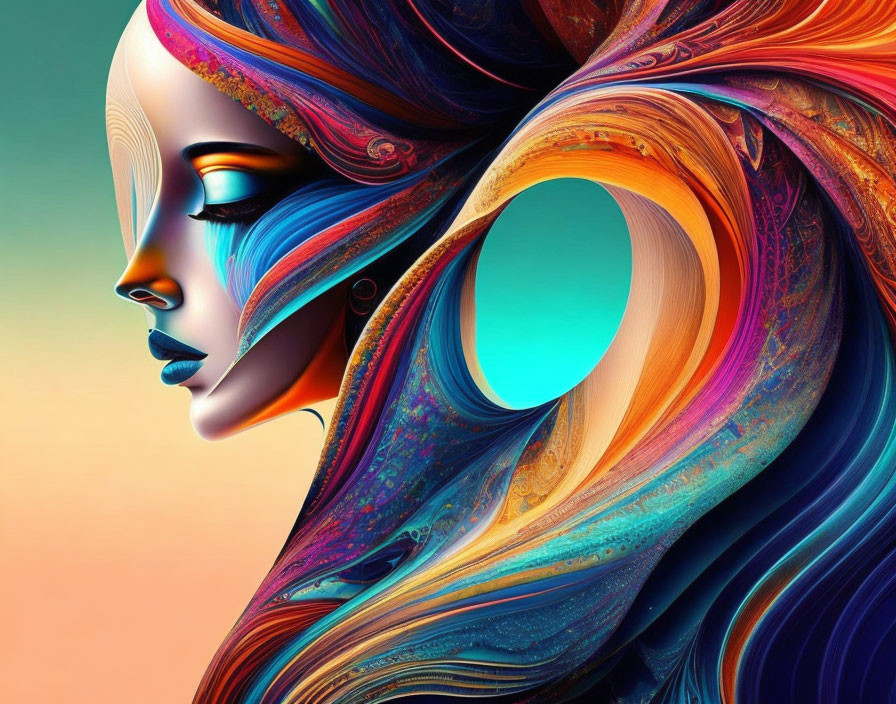 Colorful digital artwork: Woman with flowing hair and stylized features in blue, orange, and purple