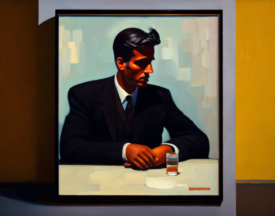 Stylized painting of man in suit with drink at table by window