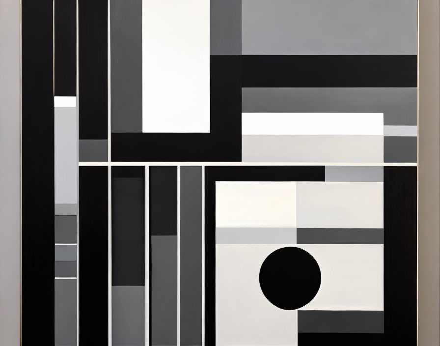 Abstract geometric painting in black, white, and gray with rectangles, squares, and a circle