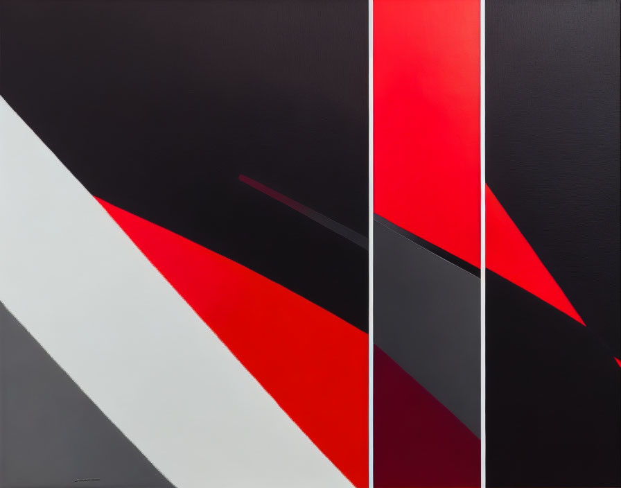 Geometric black, white, and red abstract painting with angular shapes on split canvas