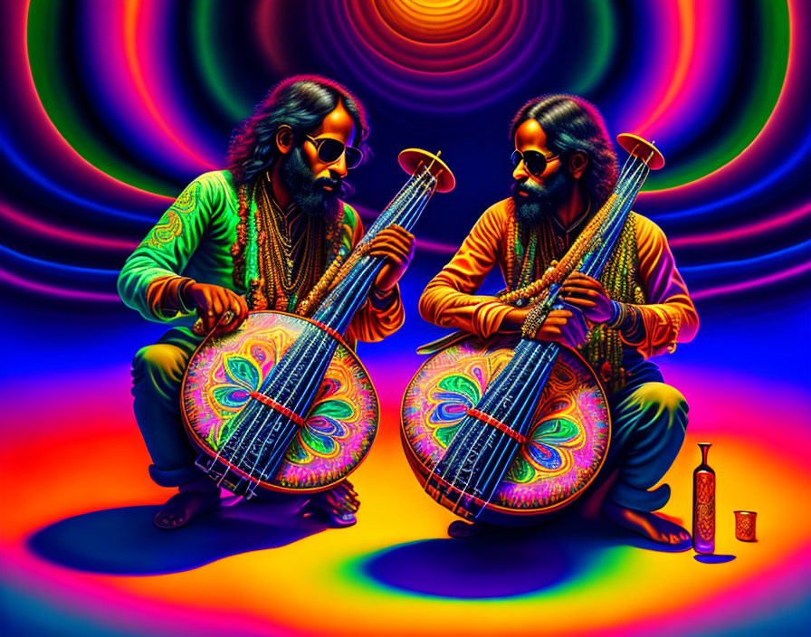 Vibrantly dressed duo playing sitars with psychedelic background and bottle.