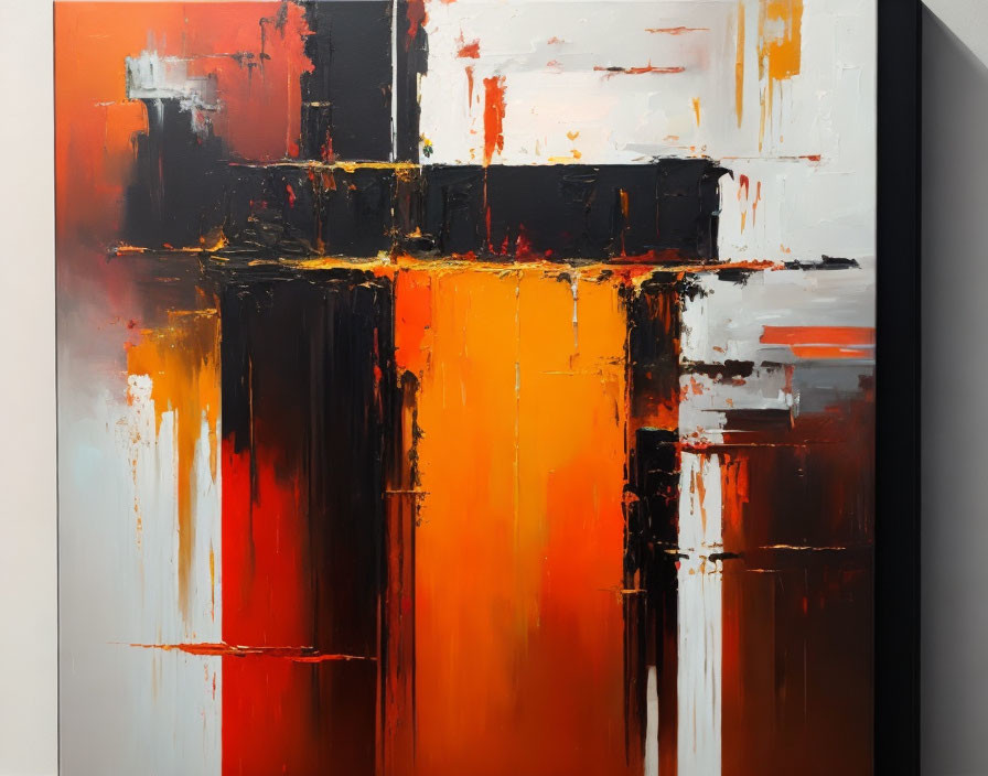 Vibrant vertical streaks in red, black, white, and orange on square canvas