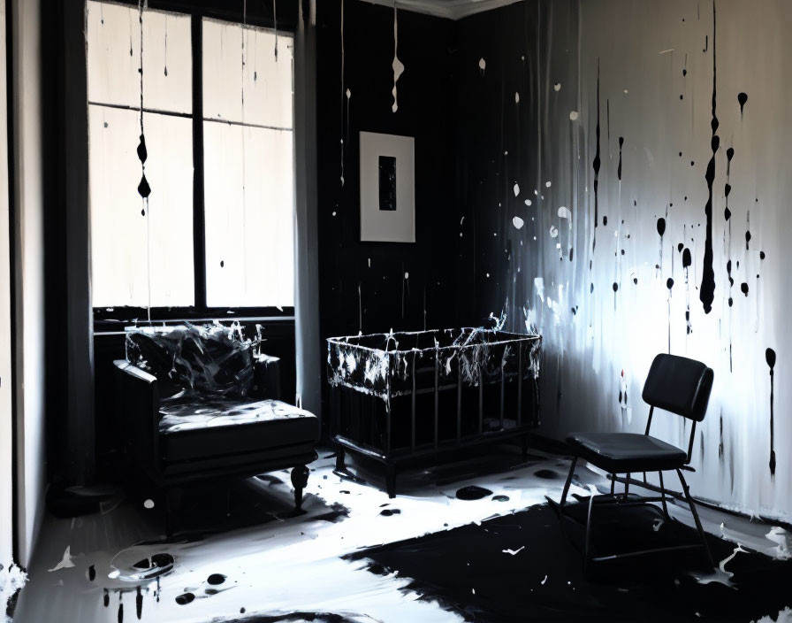 Monochrome room with splattered paint, dripping piano, crib, chair, and framed picture