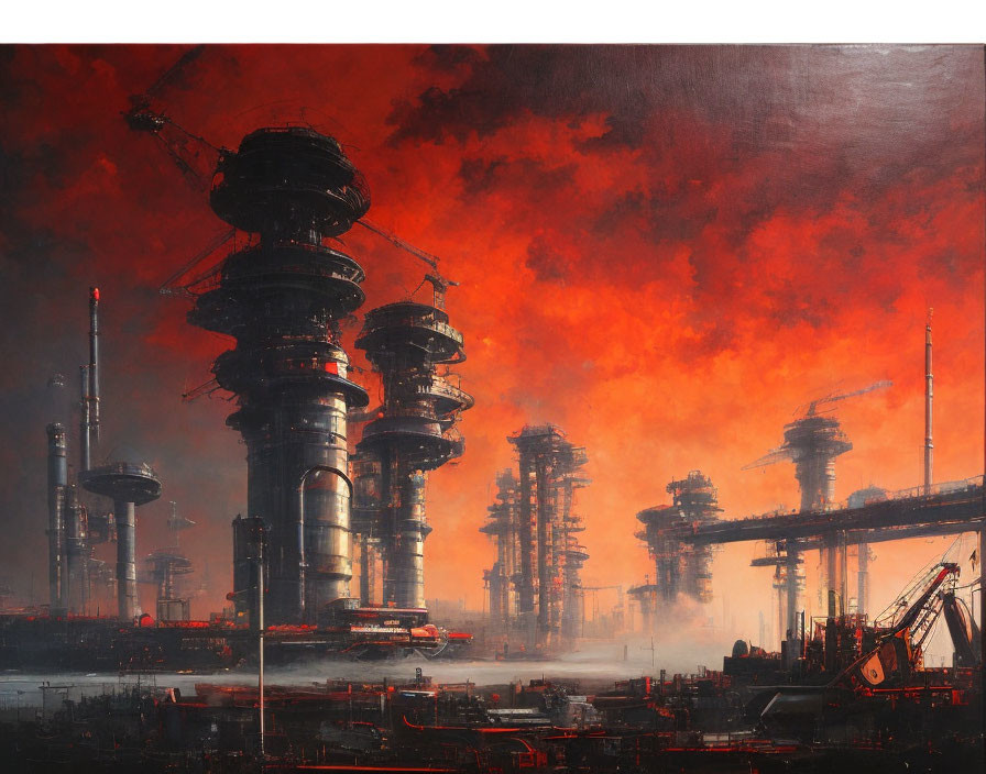 Dystopian landscape with futuristic structures, red sky, cranes, and spacecraft