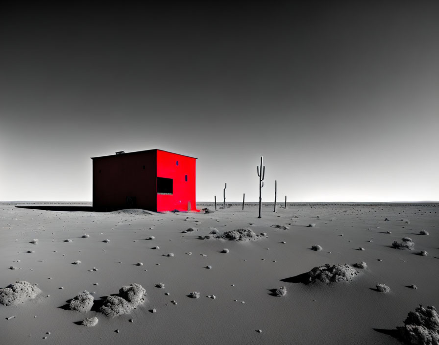 Bright Red Building in Desolate Sandy Landscape with Cacti