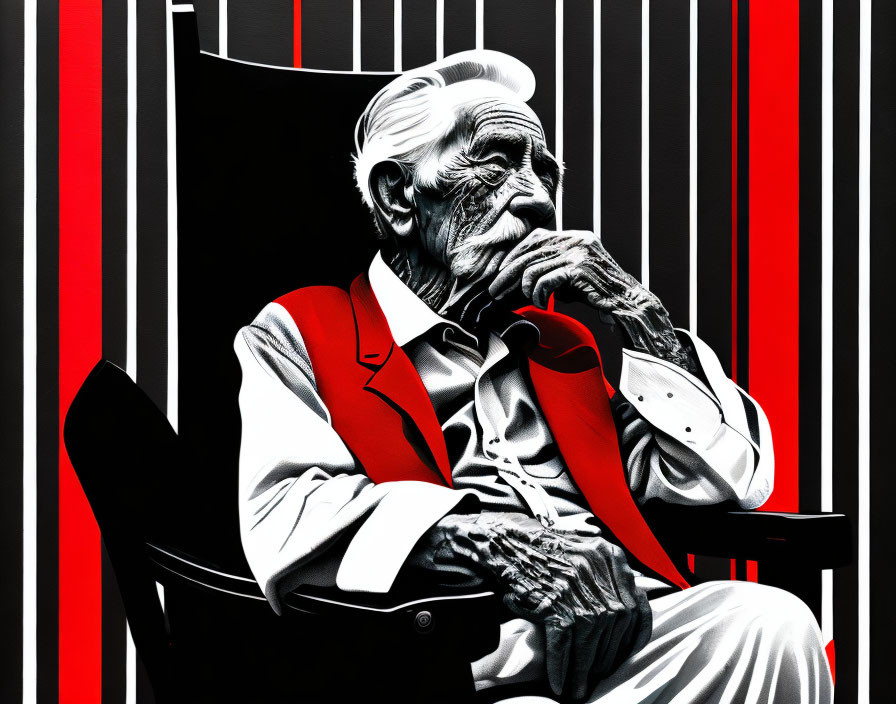 Elderly man in red vest against black and red background