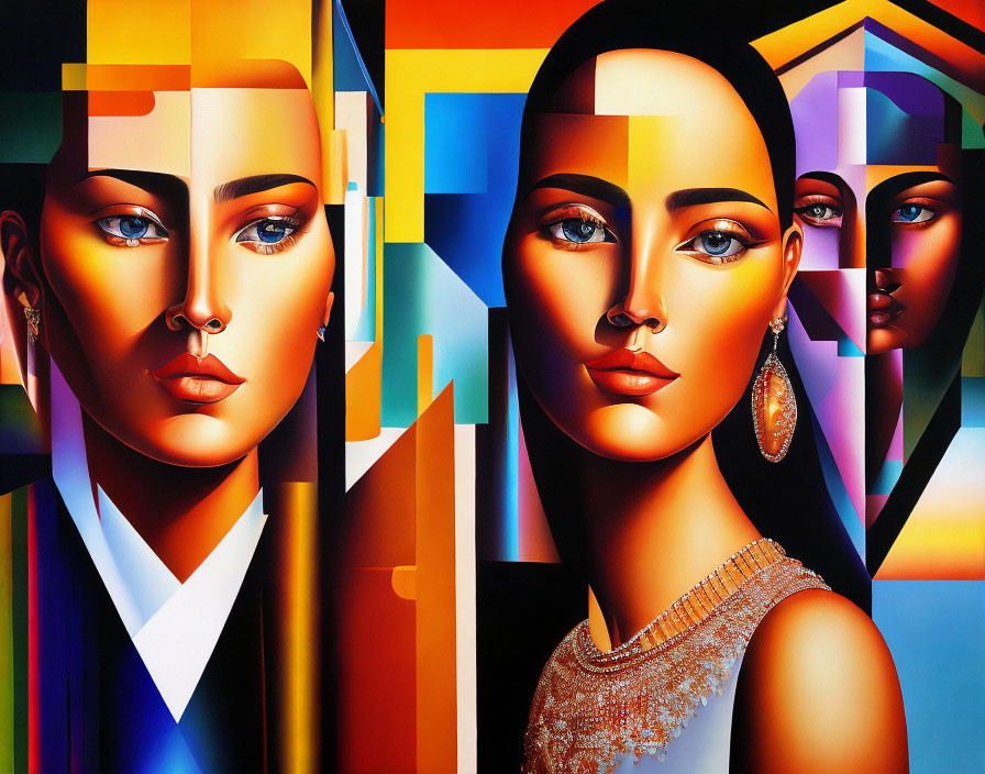 Vibrant abstract painting with stylized women portraits and geometric shapes