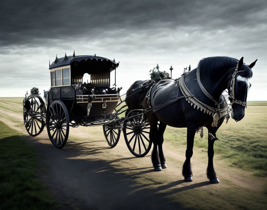 Black horse pulling ornate hearse carriage in dramatic landscape