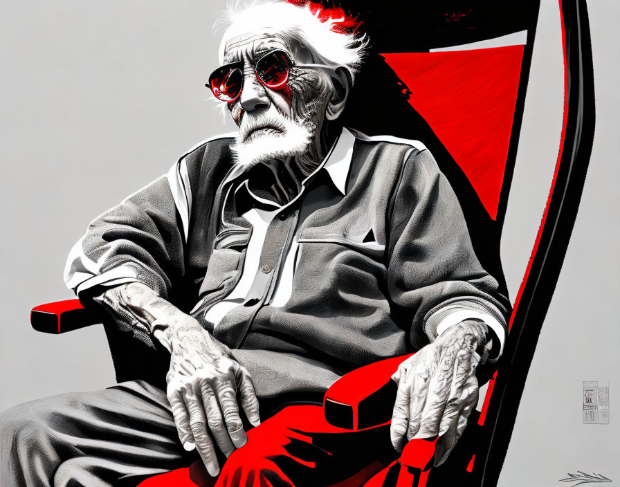 Elderly person in red sunglasses on red and gray chair