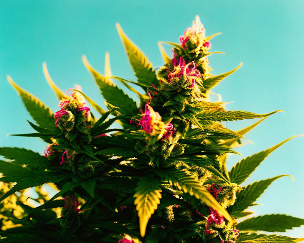 Green cannabis plant with pink pistils under blue sky