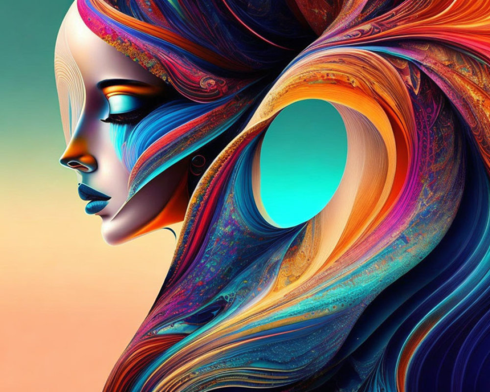 Colorful digital artwork: Woman with flowing hair and stylized features in blue, orange, and purple