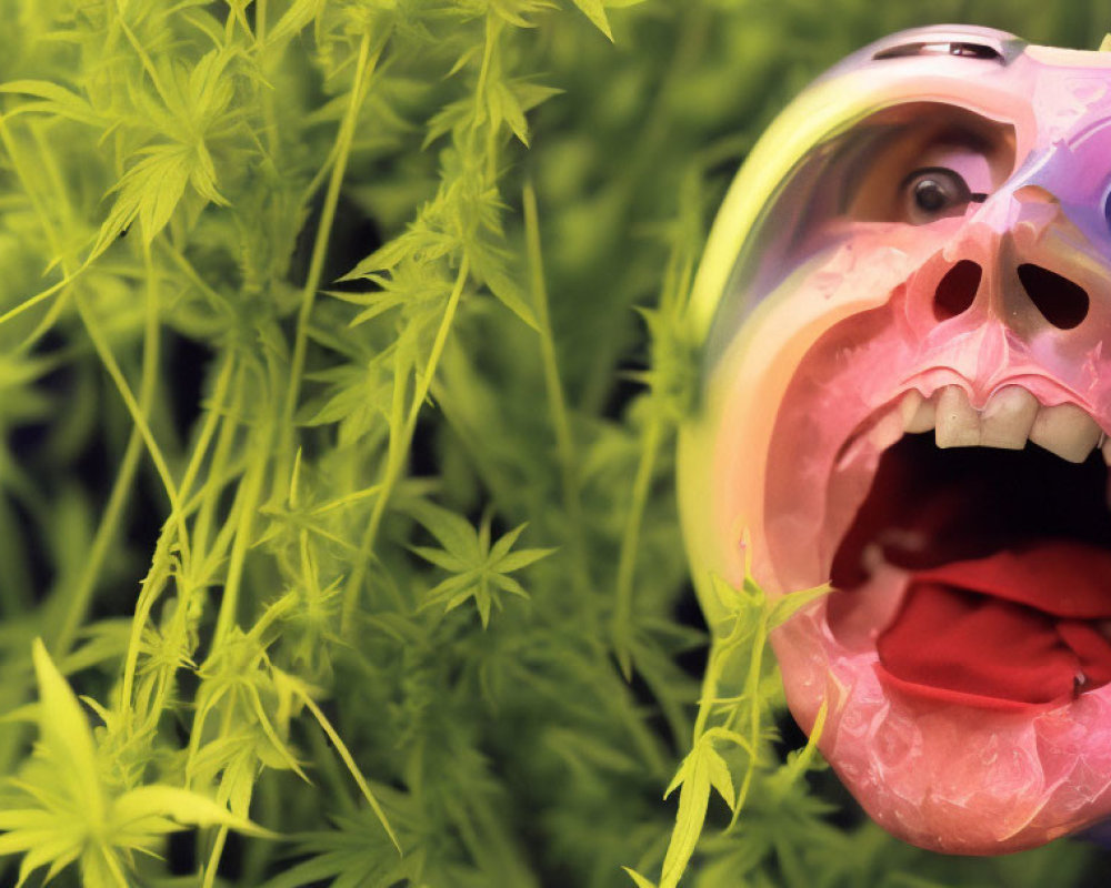 Colorful surreal mask with open mouth in lush green plant setting