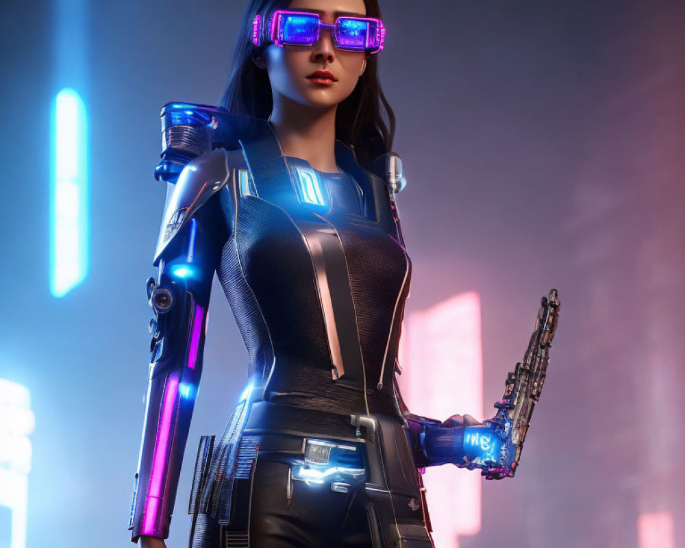 Futuristic female figure with glowing glasses and high-tech weapon in neon-lit cityscape