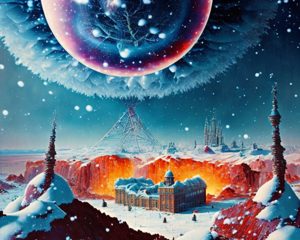 Winter landscape with fiery chasm, ornate buildings, snowfall, celestial body