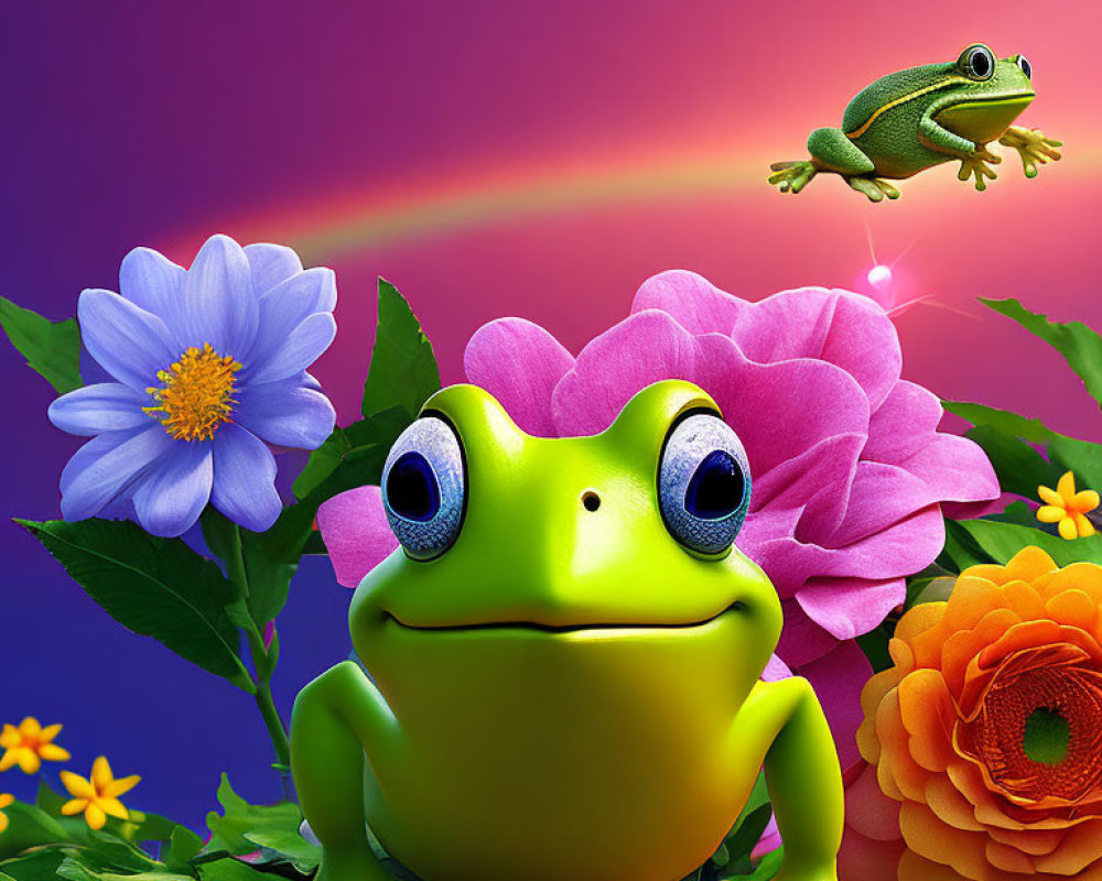 Colorful frog and flowers in vibrant nature scene