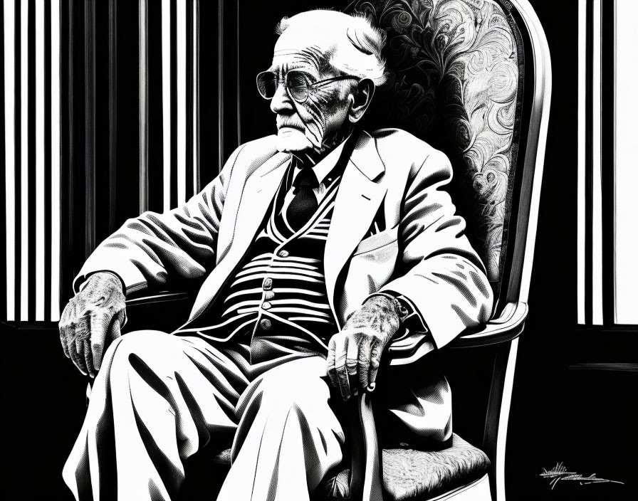 Elderly man in suit and glasses sitting in ornate chair