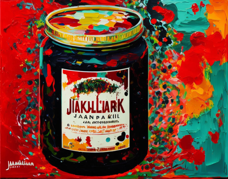 Colorful Abstract Painting with Jar and Text on Vibrant Background