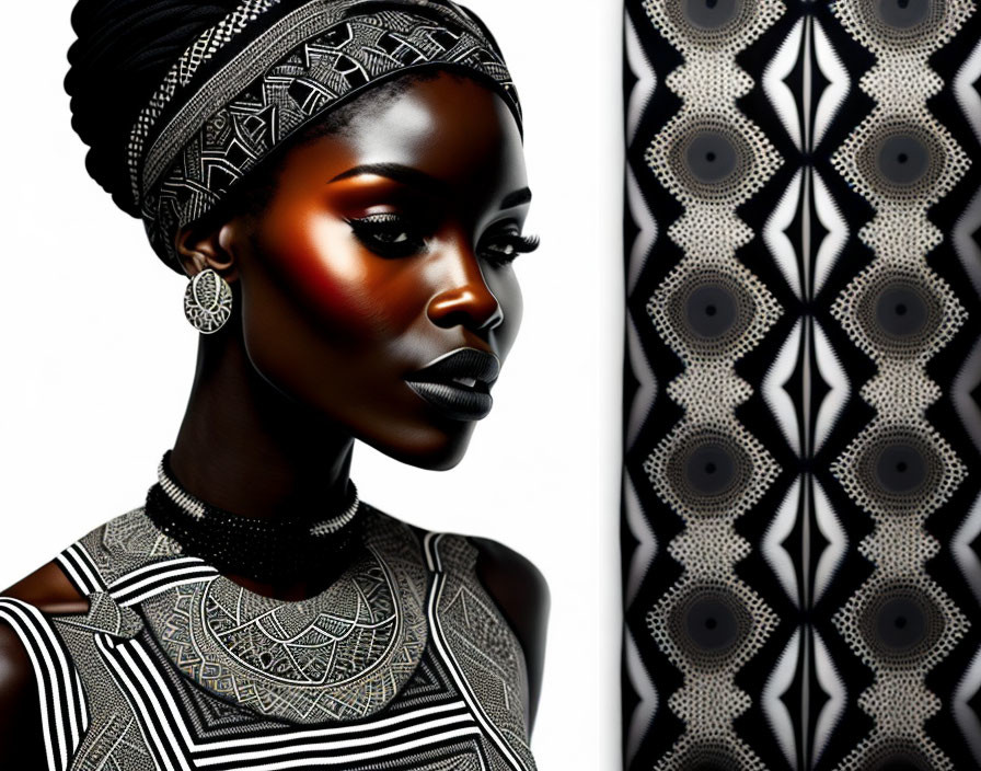 Portrait of Woman with Dark Skin in Headwrap & Jewelry Next to Geometric Pattern