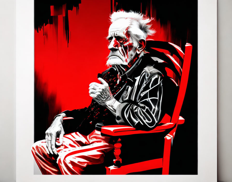 Elderly person with white hair and beard sitting on red chair