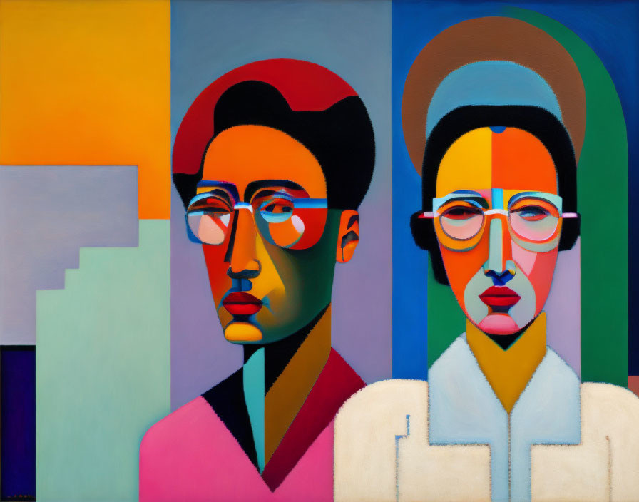 Vibrant portrait of stylized figures with glasses and abstract geometric backdrop