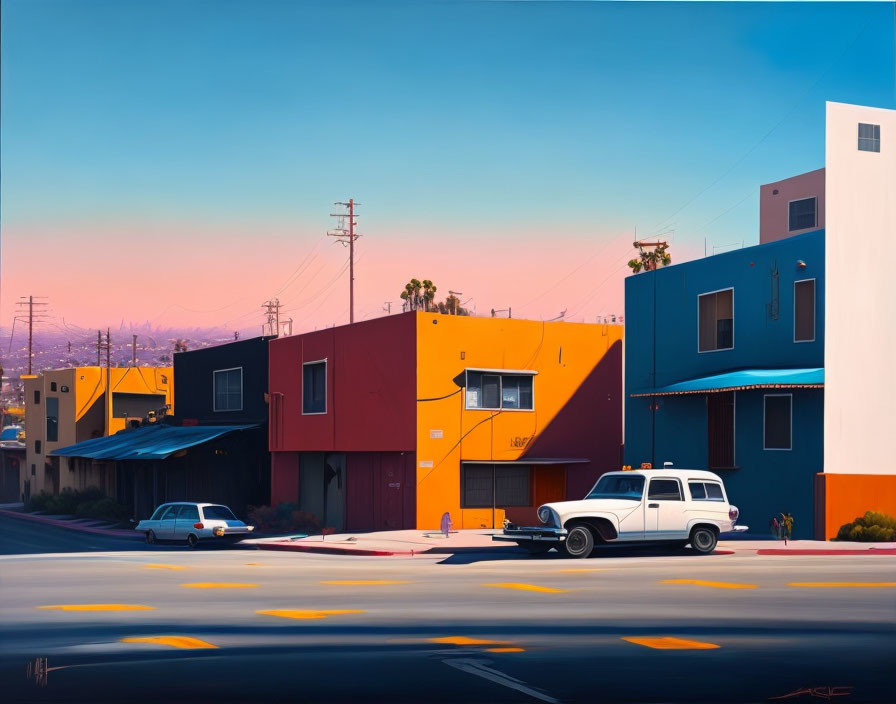 Colorful Sunset Street Corner Painting with Classic Cars