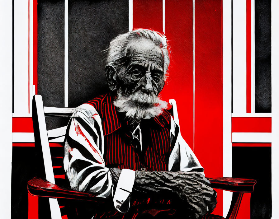 Elderly man with white beard in red and black chair