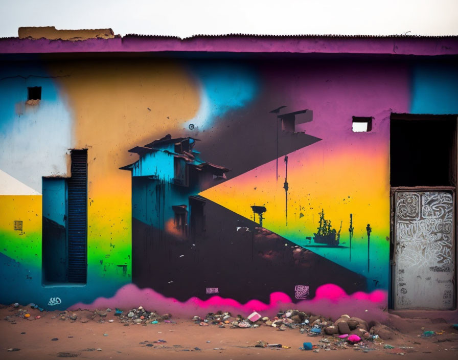 Colorful geometric street art mural with cityscape silhouette in sunset gradient.