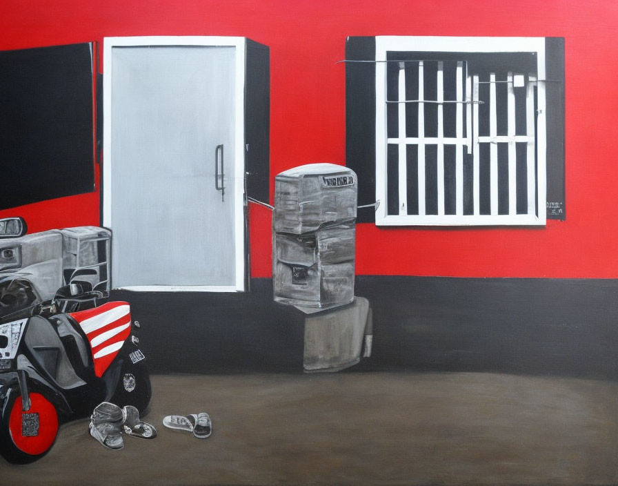 White Door, Motorcycles, Window, Newspapers, Sandals on Red Wall