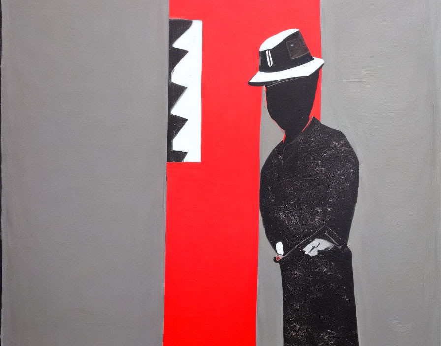 Abstract painting of figure in black and white against gray background with red stripe