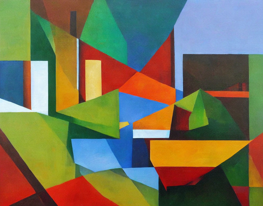 Colorful Geometric Painting with Green, Blue, Red, Orange, and Purple Shapes