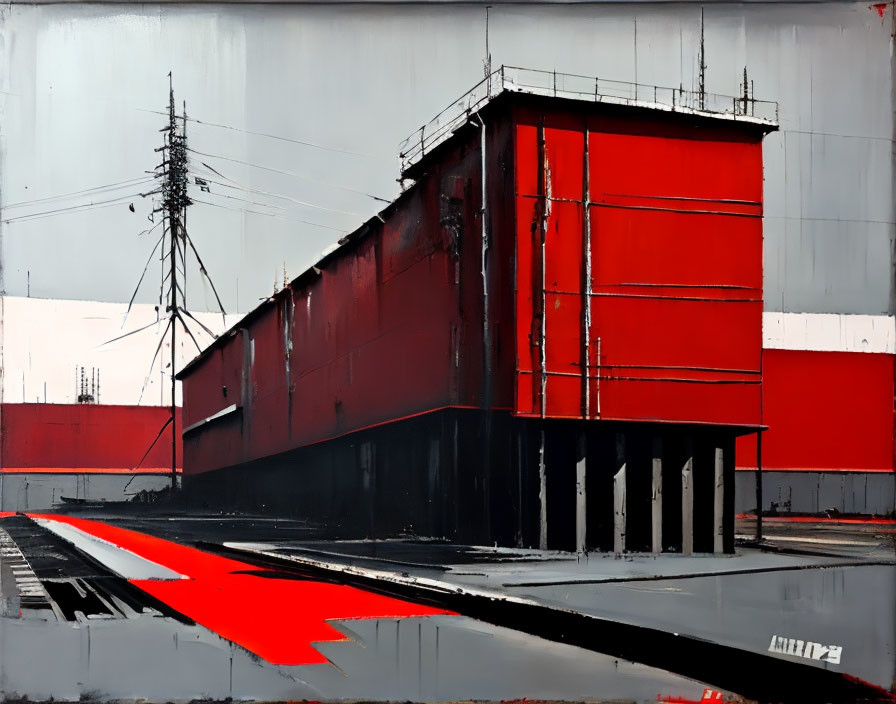 Bold Red and Black Industrial Building Painting with Reflective Water