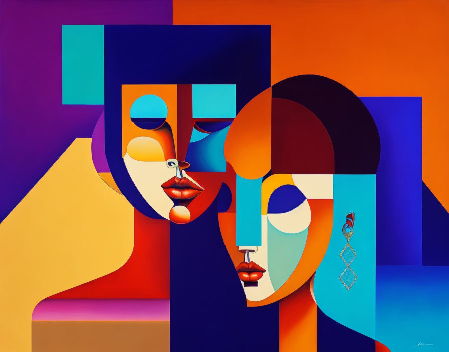 Colorful Geometric Painting of Stylized Faces with Cubist Elements