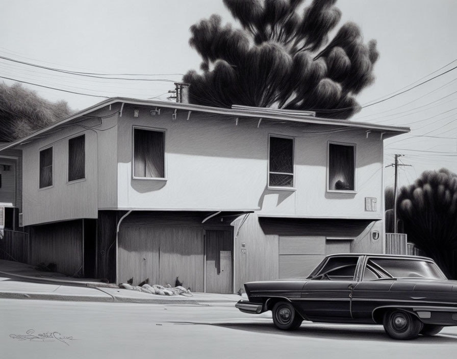 Monochrome drawing of suburban house, vintage car, and tree