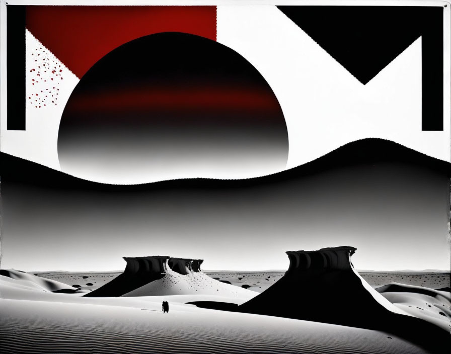 Monochrome desert landscape with abstract shape and lone figure