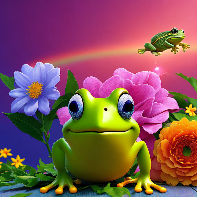 Colorful frog and flowers in vibrant nature scene