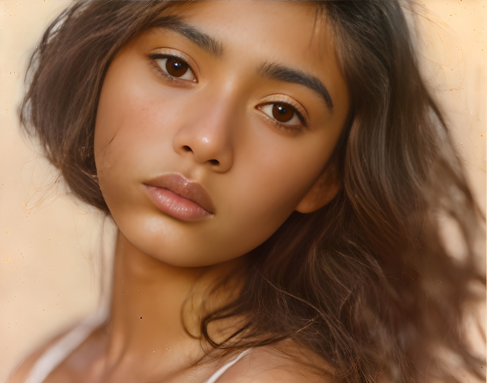 Young woman with wavy hair and brown eyes in soft makeup on warm background