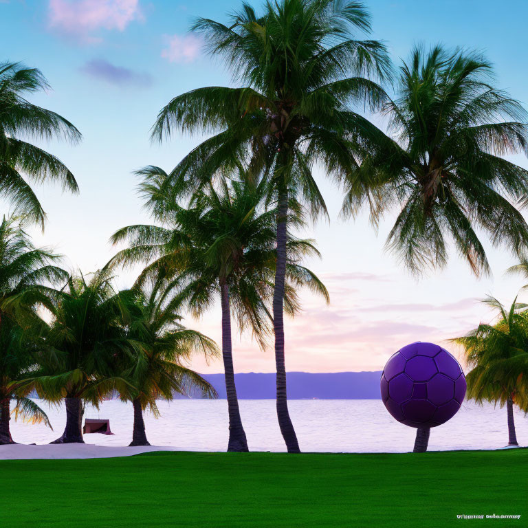 Tropical palm trees, calm sea, and purple sphere at sunset