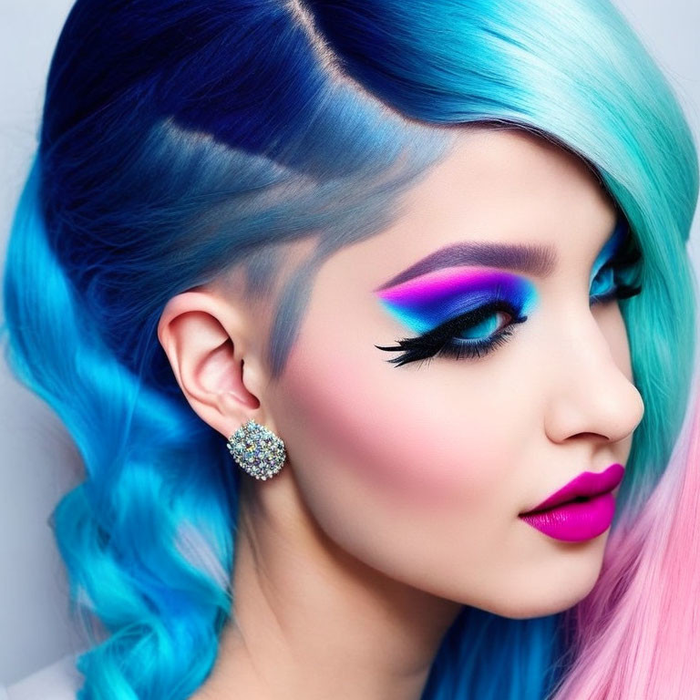 Vibrant blue hair and bold pink makeup with sparkling earring